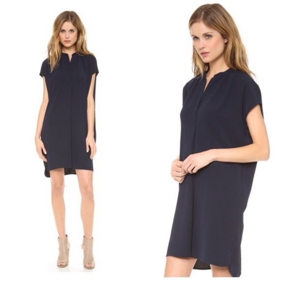 Vince Navy Blue Crepe Popover Shift Dress Split Neck Dolman Cap Sleeve Size S - Picture 1 of 11